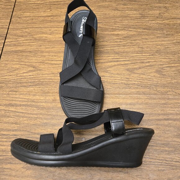 SKECHERS Cali Women's Ramblers Black Strappy Wedge Open Toe Sandals - Size 9M - Picture 1 of 16